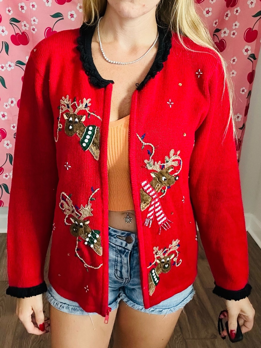 Tiara Red and Black Knit Cardigan with Decorative Trim